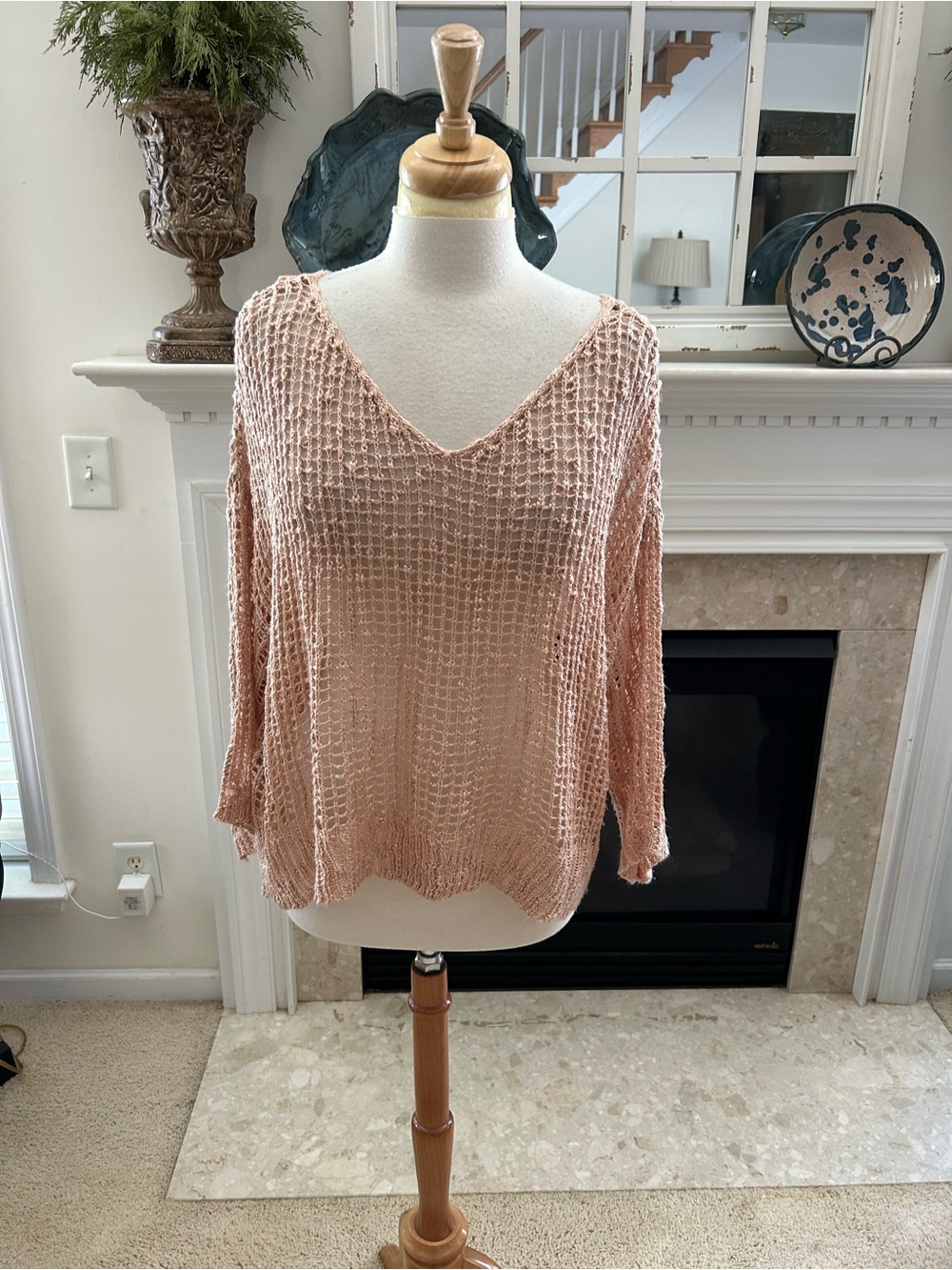 POL Washed Sandy Peach Oversized Open-Knit V-Neck Sweater